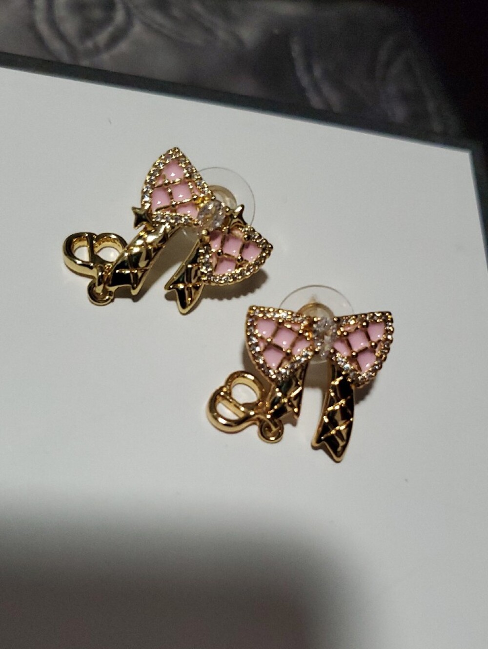 CD Dior Gold-tone Earrings with Pink Enamel Bow Accents